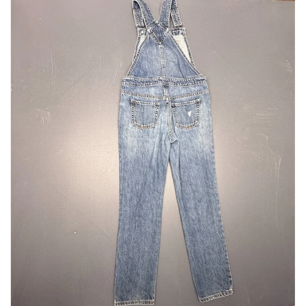 GAP Kids Girls Blue Denim Bib Overalls Distressed Straight Leg Adjustable Straps